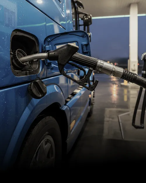 Row of American Class 8 semi-trucks — Kenworth T680, Volvo VNL, Mack Anthem — parked at a U.S. truck stop at dawn
