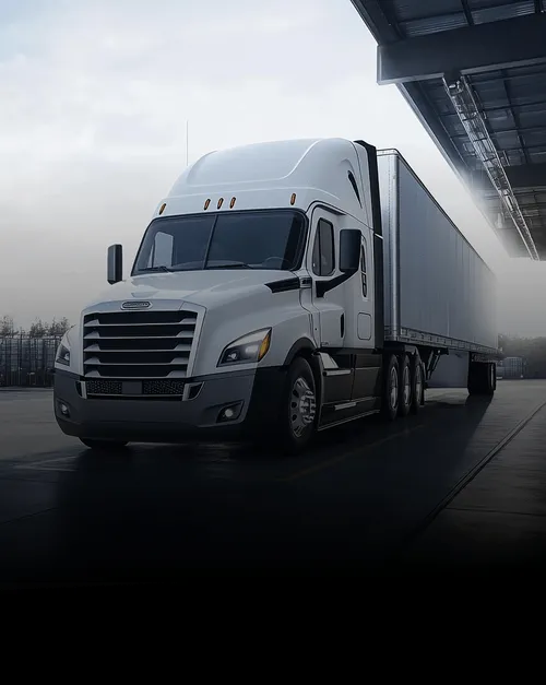 Freightliner Cascadia sleeper cab pulling a dry van trailer on an American interstate